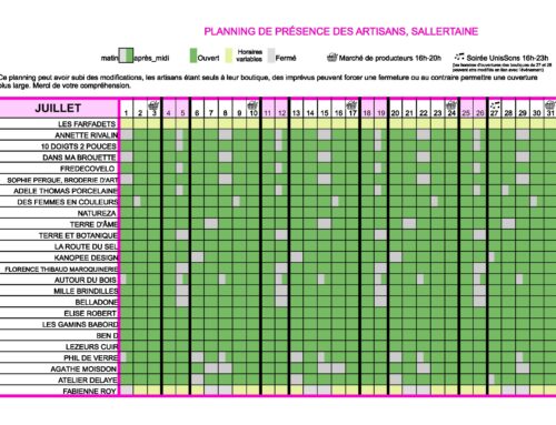 Planning d&rsquo;ouverture des artisans – JUILLET 2026