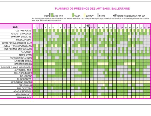 Planning d&rsquo;ouverture des artisans – mai 2026