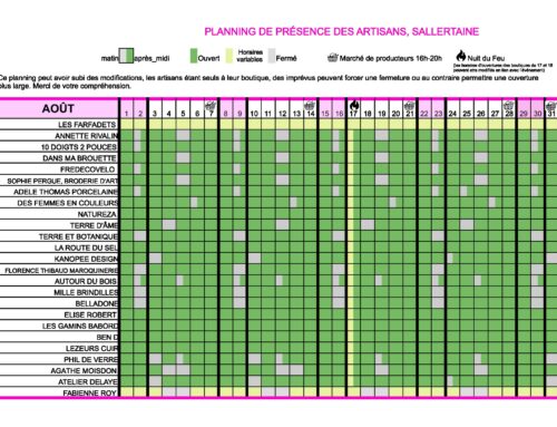 Planning d&rsquo;ouverture des artisans – Aout 2026