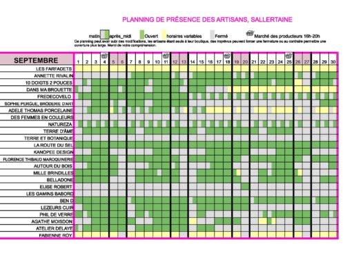 Planning d&rsquo;ouverture des artisans – SEPTEMBRE 2026